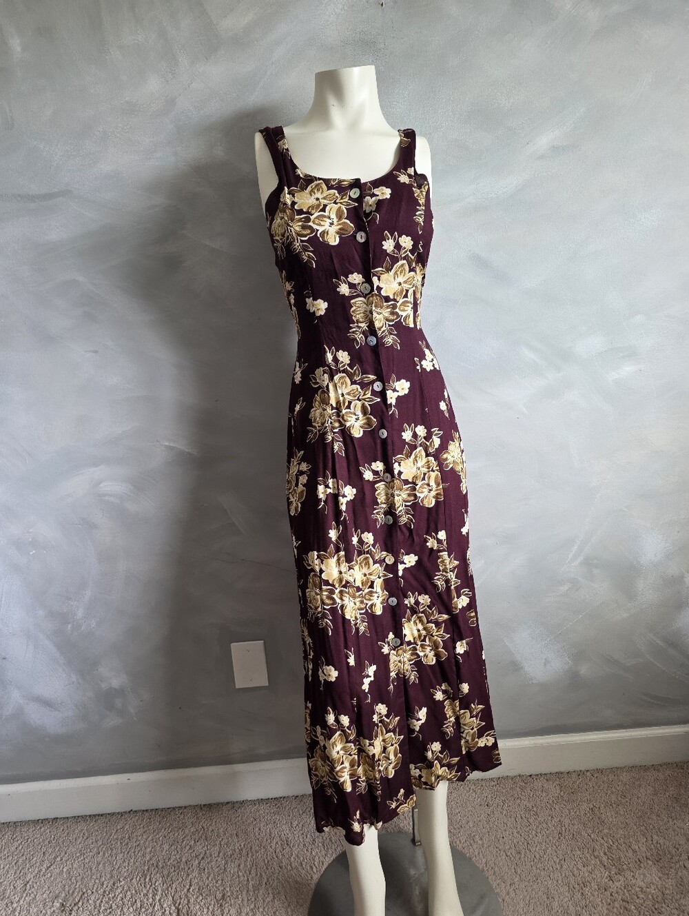 90s Sleeveless Burgundy Floral Print Button Down Front Midi Dress Rayon Sz M